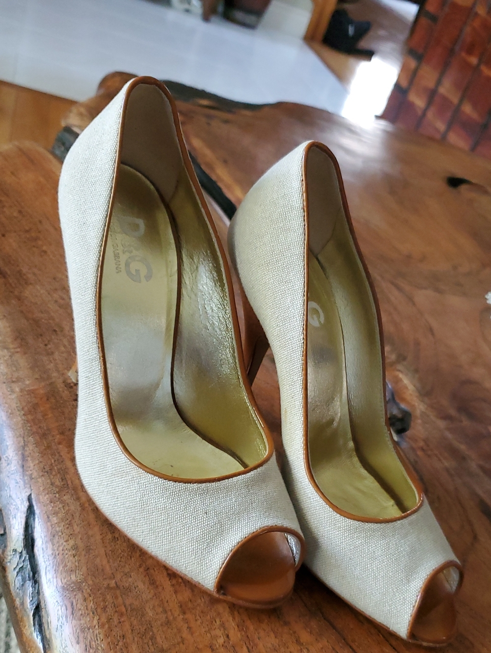Dolce & Gabbana Beige Canvas Peep-Toe Pumps with Tan Trim